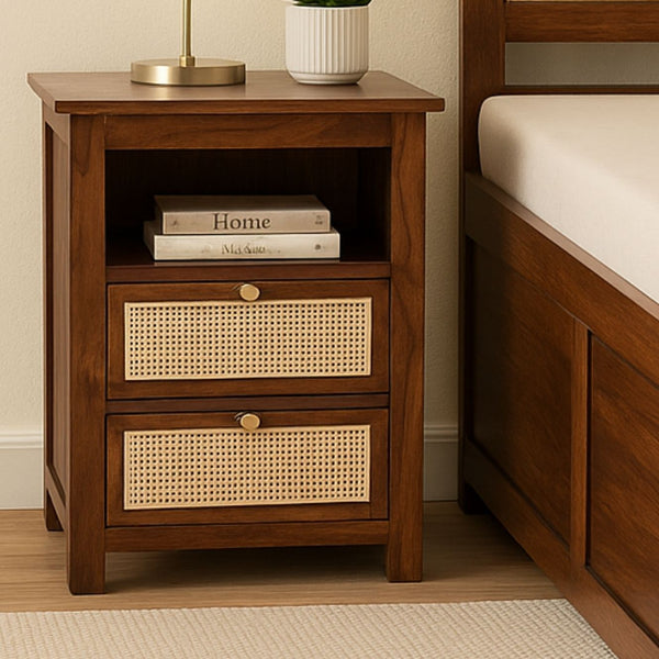 Handcrafted Sheesham Wood Bedside with Cane Front Drawers