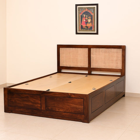 Solid Sheesham Wood Queen Bed with Cane Panel Headboard