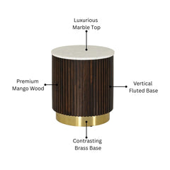 Round Mango Wood Lamp Table with Fluted Base & Marble Top