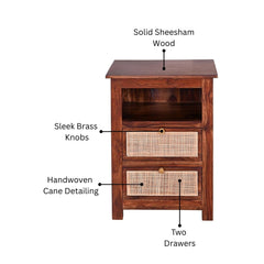 Handcrafted Sheesham Wood Bedside with Cane Front Drawers