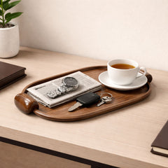Handcrafted Elliptical Wooden Tray with Integrated Rounded Handles With Flat Walnut Finish - Large