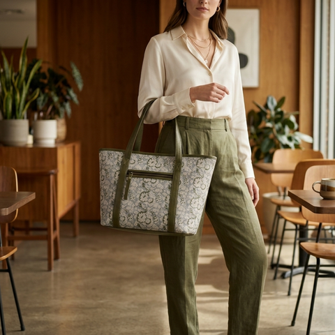 The Olive Grove Block-Printed Linen & Leather Tote