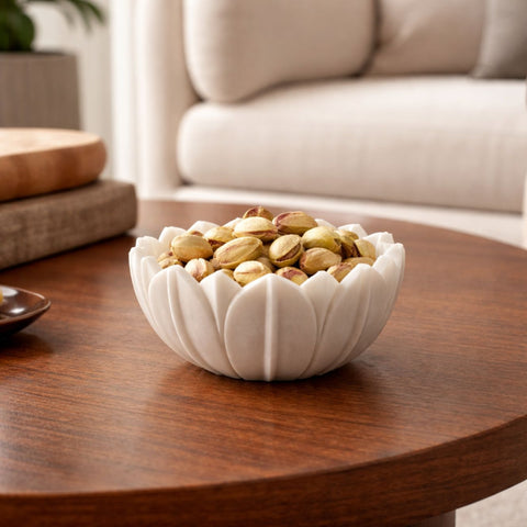 Hand -Carved Decorative White Marble Lotus Bowl - Small