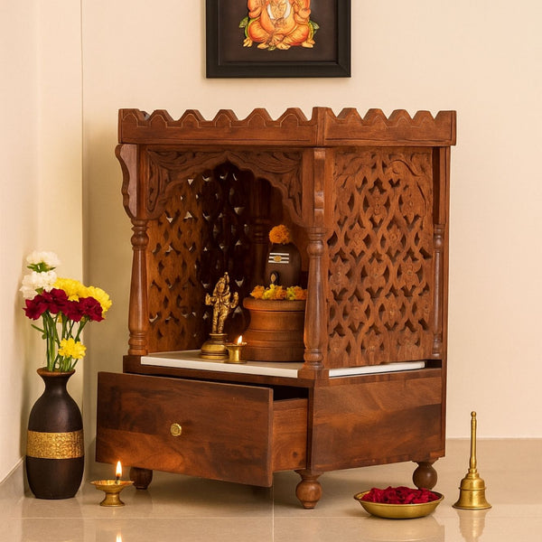 Carved Sheesham Wood Temple with Marble Base