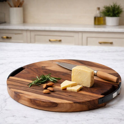 Round Sheesham Wood Cutting Board with Dual Iron Side Handles - Large