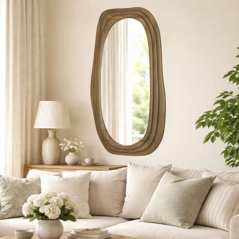 Modern Wooden Organic Shape Mirror — Mango Wood Frame, Flat Walnut Finish