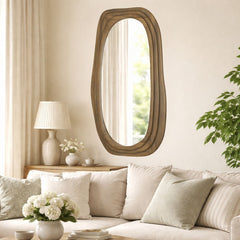 Modern Wooden Organic Shape Mirror — Mango Wood Frame, Flat Walnut Finish