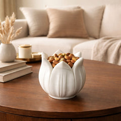 Anahata  Hand-Sculptured White Marble Lotus Crown Bowl - Small