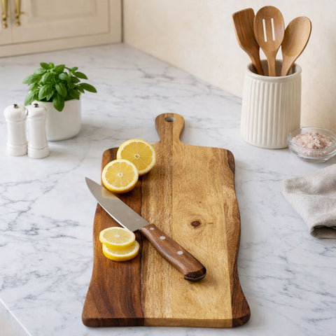 Hand-Carved Live Edge Sheesham Wood Cutting Board with Paddle Handle -Medium