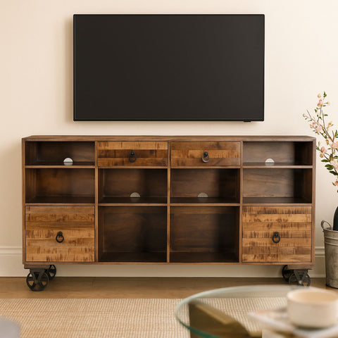 Christin Caster Iron Wheel Mango Wood Media Console