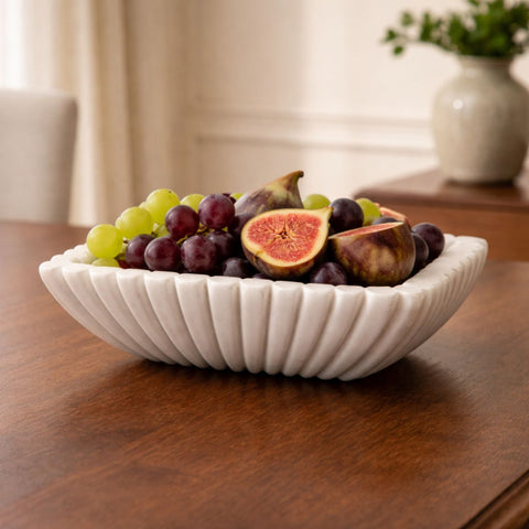 Hand-Carved White Marble Sunburst Fluted Bowl