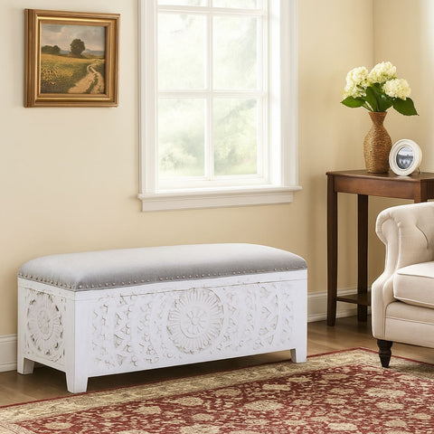 Hand-Carved Mango Wood Storage Bench with Upholstered Top
