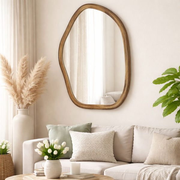 Modern Wooden Organic Shape Wall Mirror — Mango Wood Frame, Flat Walnut Finish
