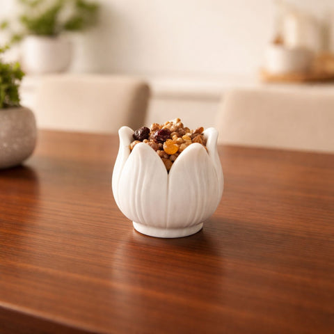 Hand-Sculptured White Marble Floral Petal Bowl - Small