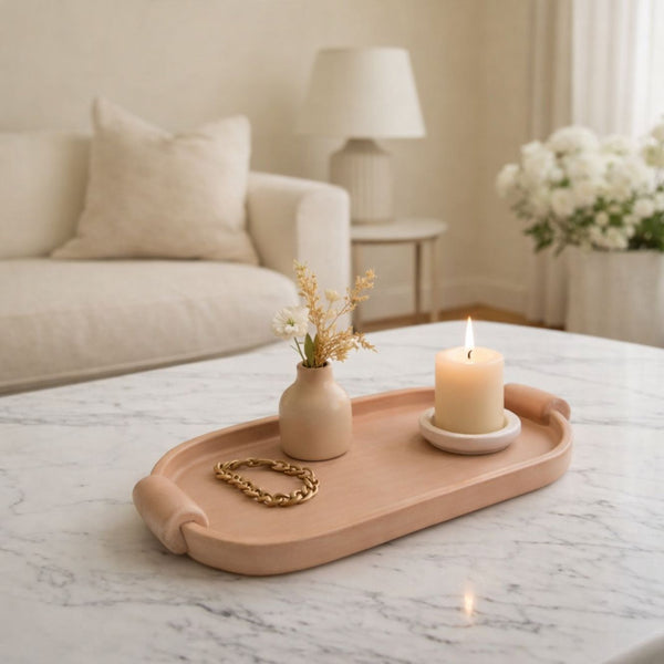 Handcrafted Elliptical Wooden Tray with Integrated Rounded Handles With Natural Finish - Large