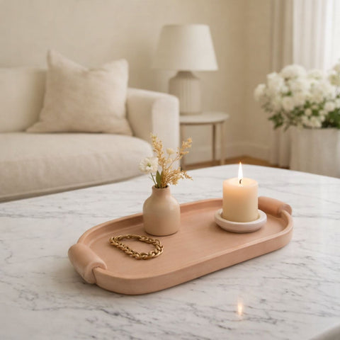 Handcrafted Elliptical Wooden Tray with Integrated Rounded Handles With Natural Finish - Large