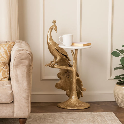 Peacock Design Metal End Table with Marble Top