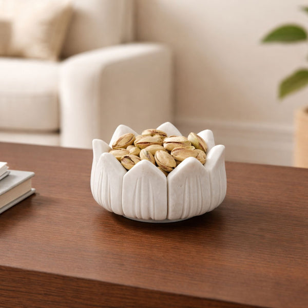 Anahata  Hand-Sculptured White Marble Lotus Crown Bowl - Medium