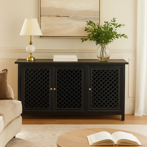 Colonial Style Black Lattice Mango Wood Sideboard