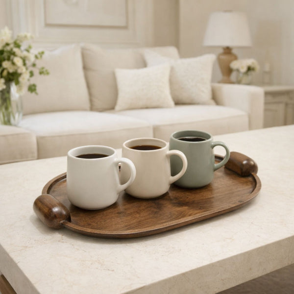 Handcrafted Elliptical Wooden Tray with Integrated Rounded Handles With Flat Walnut Finish - Medium