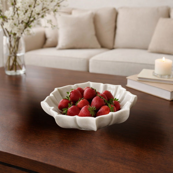 Hand-Sculptured White Marble Scalloped Petal Bowl - Large