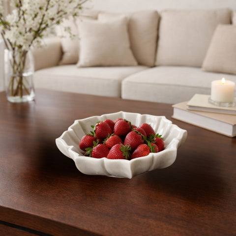 Hand-Sculptured White Marble Scalloped Petal Bowl - Large
