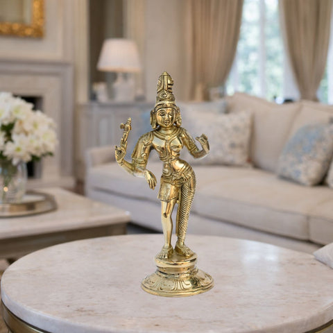 Tribhanga Pose Brass Statue — Vintage Style Decor Idol, Shiny Golden Finish