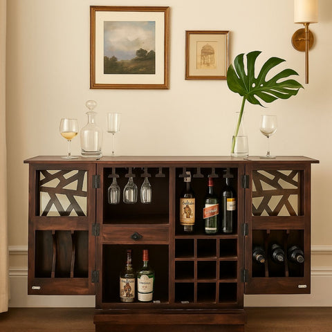 Razia Mango Wood Bar Cabinet with Foldable Top & Storage