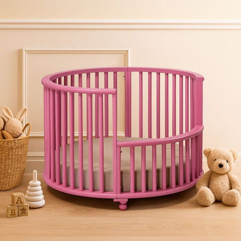 Bright Pink Mango Wood Baby Crib with Fabric Cushioning
