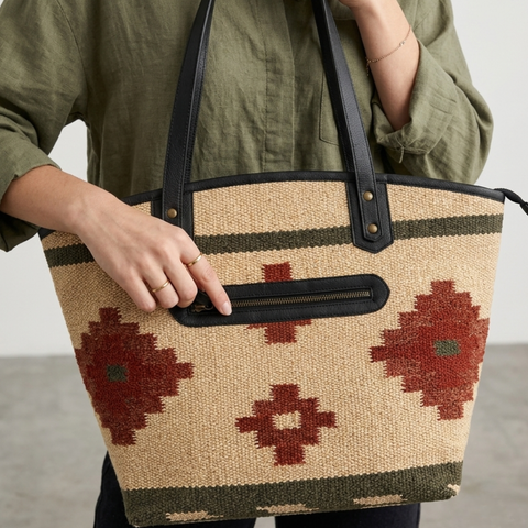 The Terracotta Sun Woven Kilim & Leather Tote