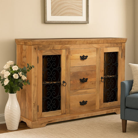 Steamer Solid Wood Sideboard with Wrought Iron Detailing
