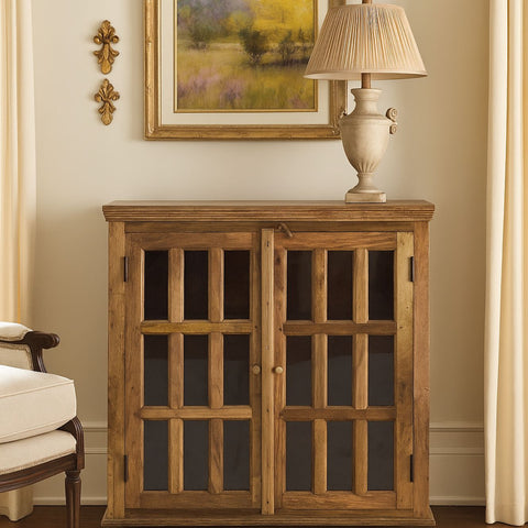 Rustic Wooden Sideboard with 18 Glass Pane Doors