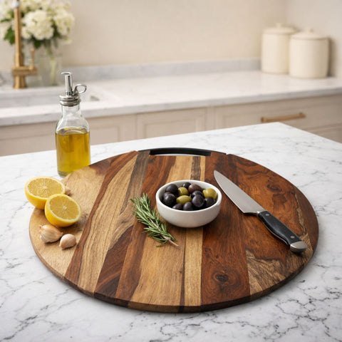 Round Sheesham Wood Cutting Board with Curved Iron Handle - Small