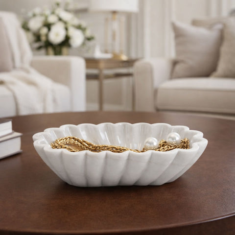 Hand-Sculptured Oval White Marble Scalloped Bowl
