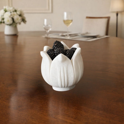 Hand-Sculptured White Marble Floral Petal Bowl - Large