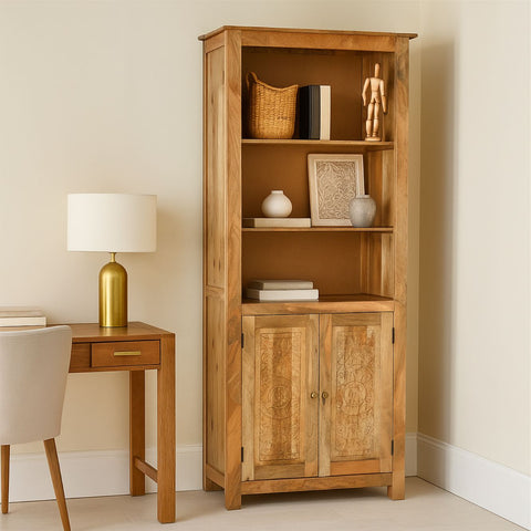 Maharani Solid Wood Bookcase with Carved Double Doors