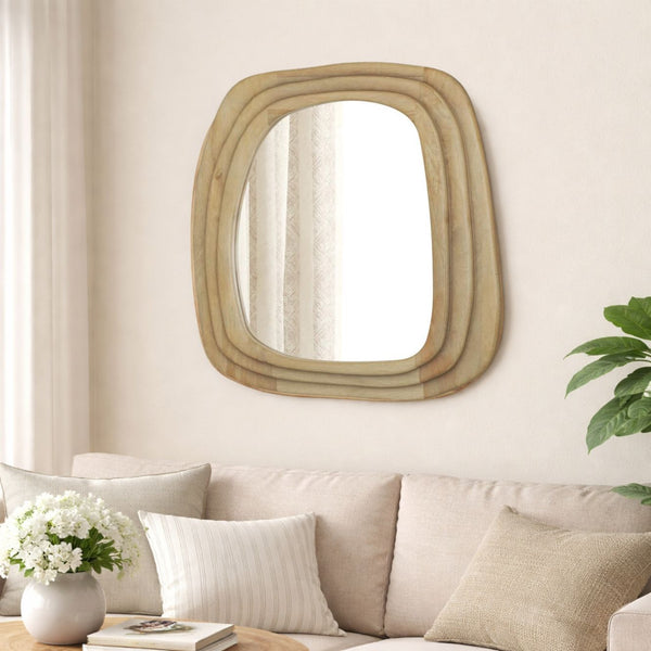 Modern Wooden Organic Shape Mirror – Mango Wood Frame, Natural Finish