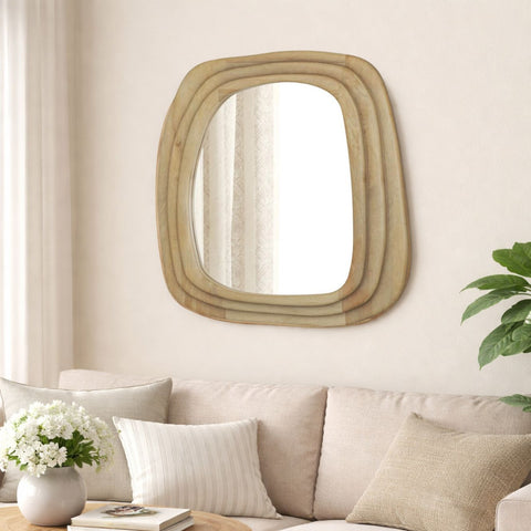 Modern Wooden Organic Shape Mirror – Mango Wood Frame, Natural Finish