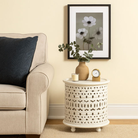 Marguerite Hand-Carved Round Lamp Table
