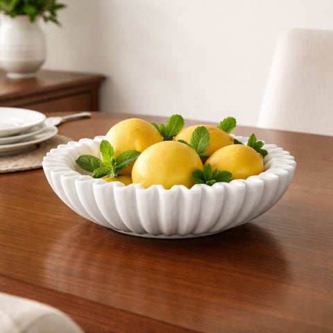 Hand-Sculpted White Marble Ruffled Decorative Bowl -  Large