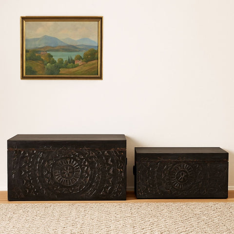 Carved Lace Wooden Trunk Set of 2