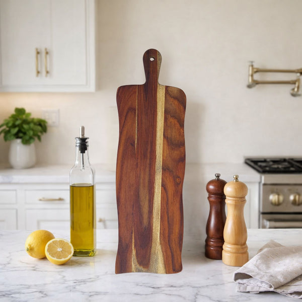 Hand-Carved Live Edge Sheesham Wood Cutting Board with Paddle Handle -Large
