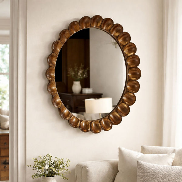 Modern Mango Wood Scalloped Wall Mirror – Flat Walnut Finish