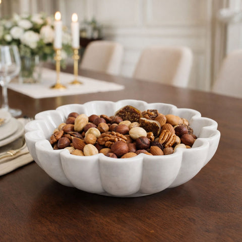 Nebula  Hand-Sculptured White Marble Scalloped Petal Bowl - Large