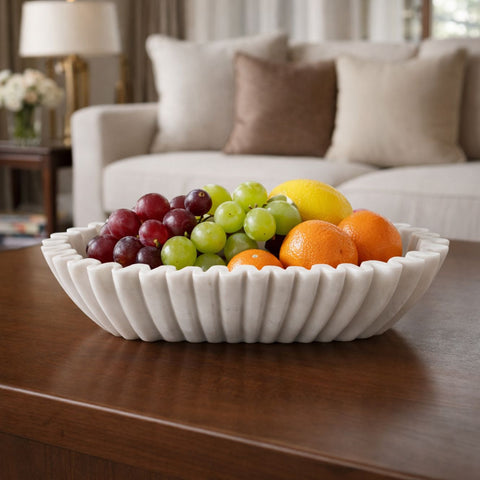Hand-Sculptured Oval White Marble Fluted Bowl