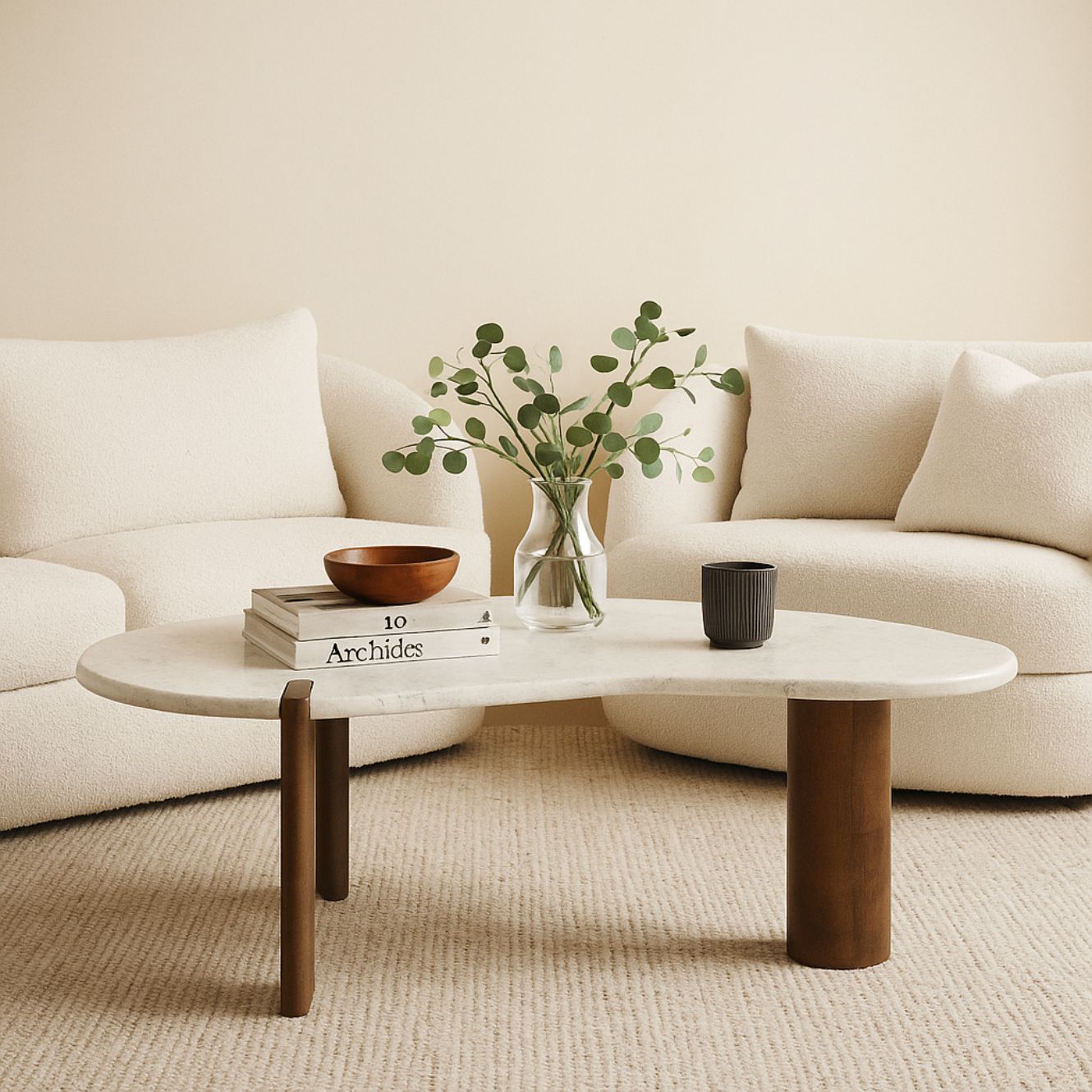 Modern Marble Top Coffee Table with Wooden Legs