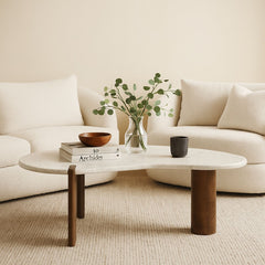 Modern Marble Top Coffee Table with Wooden Legs