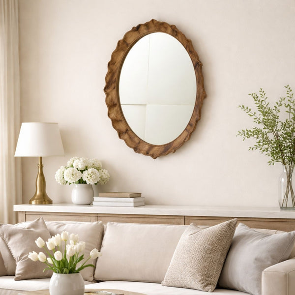 Modern Mango Wood Wall Mirror with Sculpted Frame – Flat Walnut Finish