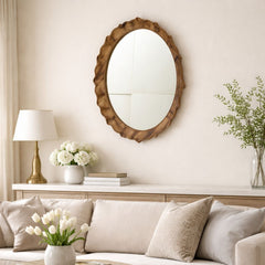 Modern Mango Wood Wall Mirror with Sculpted Frame – Flat Walnut Finish