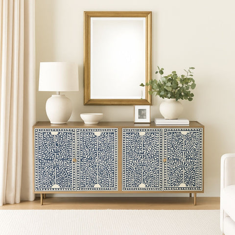 Eira Blue Floral Bone Inlay 4-Door Sideboard